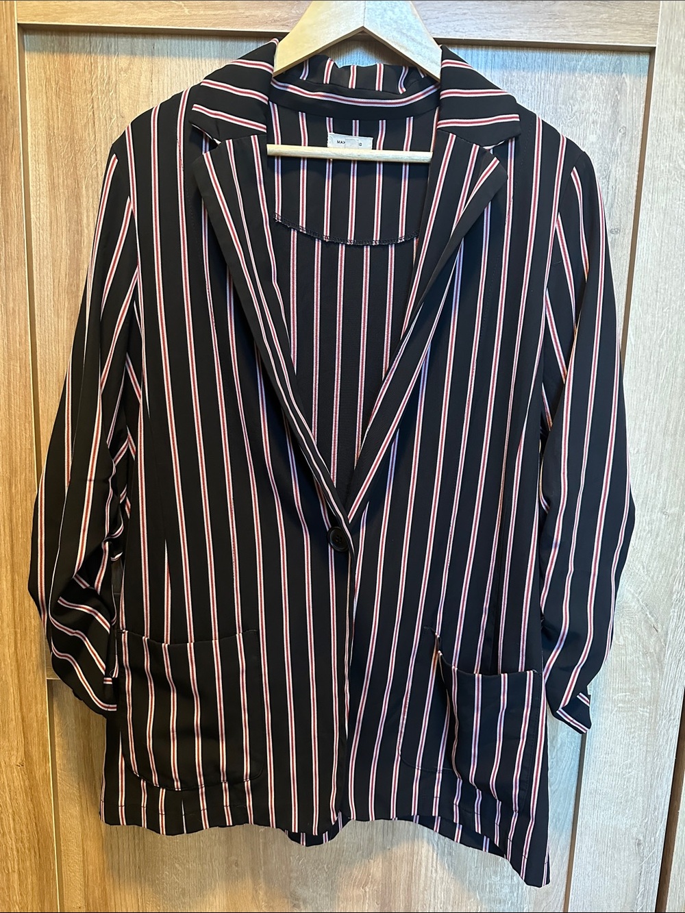 Max Studio Black Single Button Blazer with Stripes and Ruched Sleeves